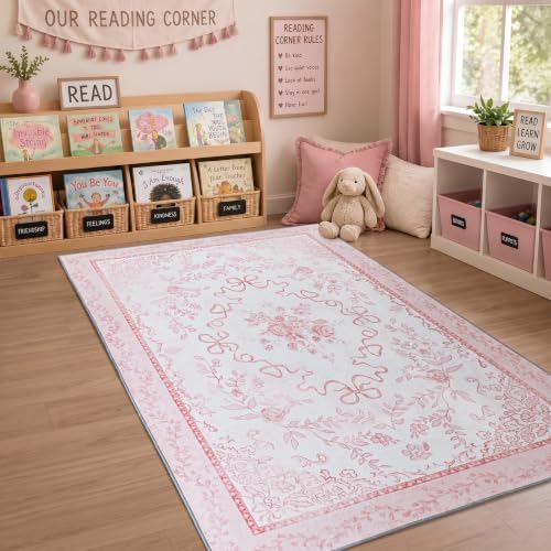 Pink Classroom Rug 4x6, Washable Small Pastel Floral Bow Area Rug for Girls Room Kids Bedroom Nursery - Image 2