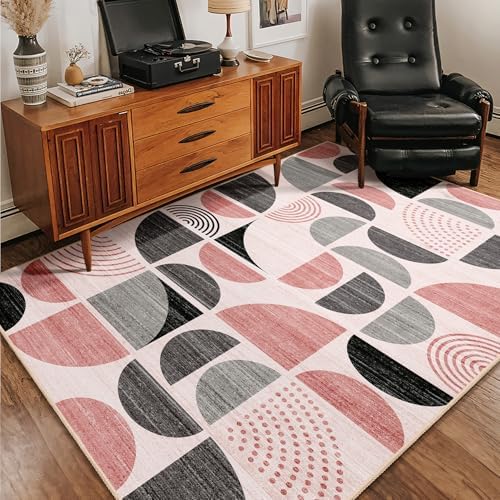 MUJOO Pink Rug Boho Washable,4x6.5 Area Rugs for Bedroom Entryway Living Room Bedside,Small Throw Floor Carpet Non Slip Soft Indoor Modern Abstract Pink and Grey - Image 3