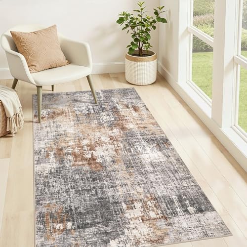 DMOYEST Washable Area Rug: 3x5 ft Abstract Small Rugs for Entryway Kitchen Living Room Bedroom - Non Slip Modern Neutral Carpet Indoor Front Door - Grey Brown by DMOYEST