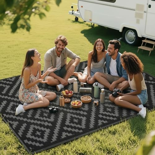 RURALITY Outdoor Rugs 5x8 Feet for Patios Clearance,Plastic Straw Waterproof Mats for Backyard,Porch,Deck,Balcony,Black&Deep Grey - Image 7