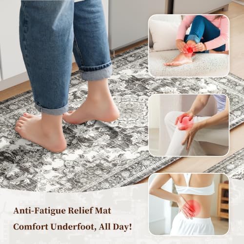 Boho Kitchen Mats for Floor 2PC Anti Fatigue Kitchen Rugs, Dark Grey - Image 3