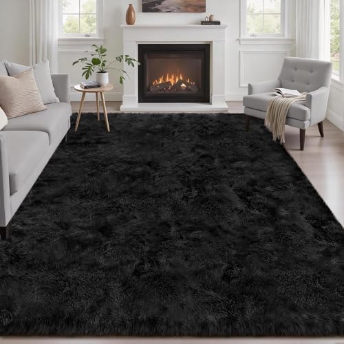 Area Rug Living Room Bedroom: 4x6 Fluffy Plush Shag Carpet Black by Luxturiy