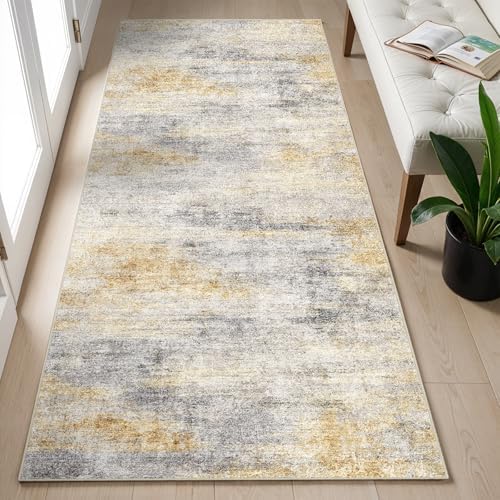 2x5 Runner Rug Washable Abstract: Non Slip Kitchen Floor Mat Grey/Yellow - Image 2