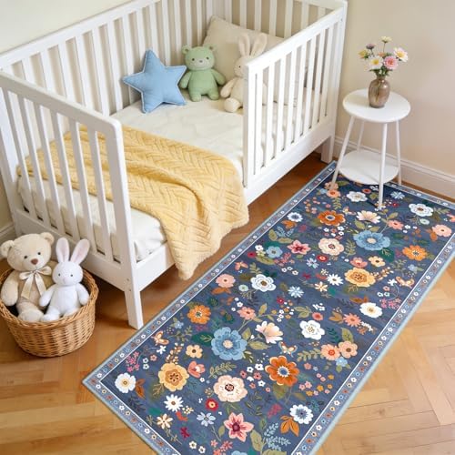 Floral Washable 2x5 Area Rugs Runner Entryway Hallway Blue/Grey - Image 3