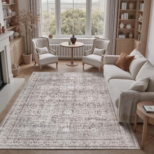 DCX Gray 8x10 Rug, Kid & Pet Friendly with Rubber Back Non Slip, Machine Washable Stain Resistant Vintage Traditional Distressed Carpet, Rug for Living Room, Bedroom, Home Decor by DCXWashableRug