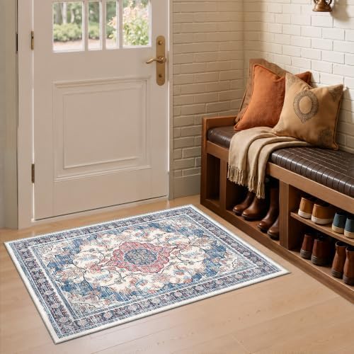 2x3 Boho Washable Entryway Area Rugs, Small Non Slip Door Mat, Retro Blue