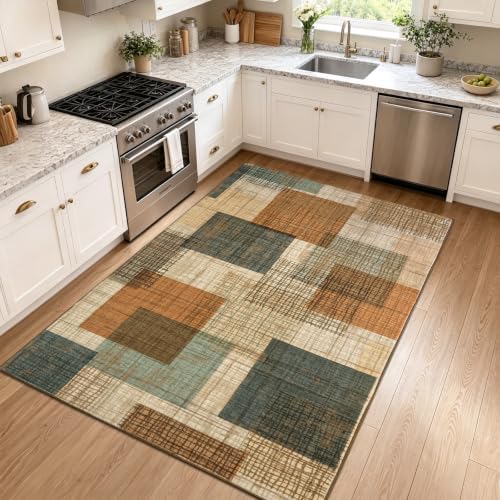 Washable 4x6 Entryway Rug, Area Rugs for Bedroom Kitchen Orange/Blue - Image 2