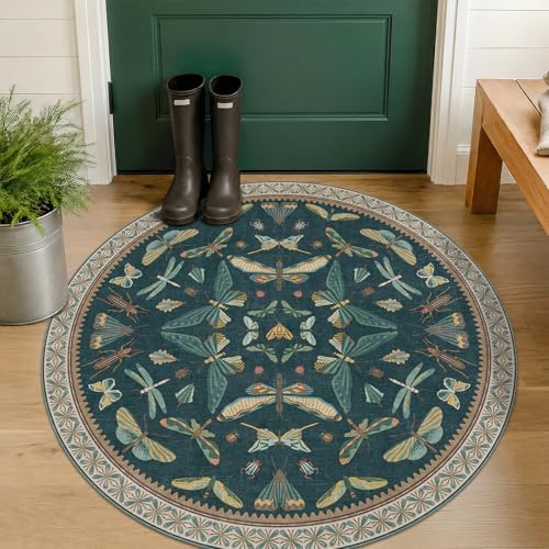 5ft Round Teal Boho Rug for Entryway, Washable Non Slip Area Carpet for Living Room & Kitchen, Vintage Insect Floral Décor, Soft Low Pile by HazoHaus
