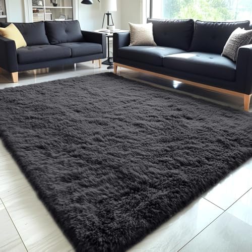 OLANLY 5x8 Machine Washable Large Area Rugs for Living Room, Bedroom, Soft Fluffy Shaggy Bedside Rug, Indoor Floor Carpet for Kids Girls and Boys, Dorms, Nursery, Home Decor Aesthetic, Black by OLANLY