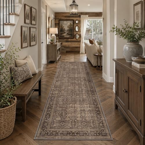 JOOJA 3x10 Brown Vintage Floral Low Pile Non Slip Washable Boho Runner Rug - Image 2