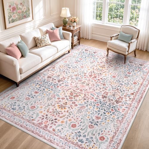 Tosuoka 8x10 Area Rugs Washable Vintage Floral Boho Pink Living Room Rug - Image 2
