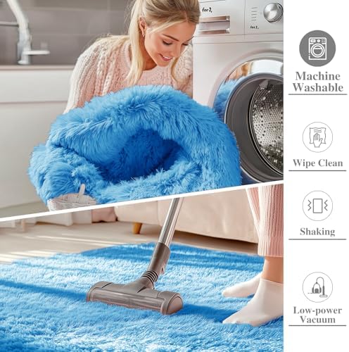 OLANLY 2x4 Machine Washable Runner Rugs for Hallway, Soft Fluffy Shaggy Bedside Rugs for Bedroom, Living Room, Indoor Floor Carpet for Kids Girls and Boys, Home Decor Aesthetic, Bright Blue - Image 2