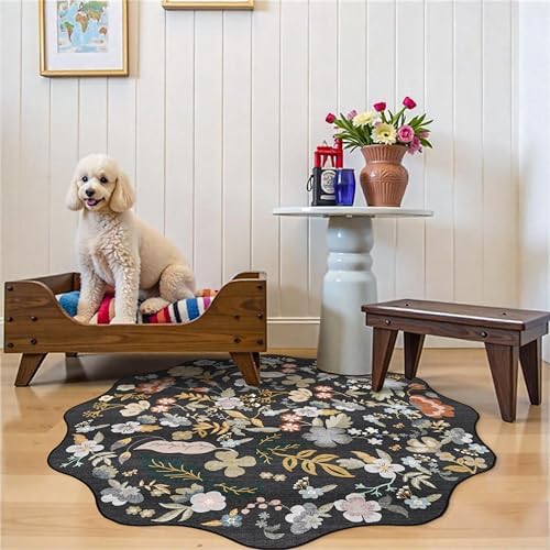 Washable Scalloped 4ft Round Rug: 4x4 Boho Floral Circle Area Rug Black - Image 4