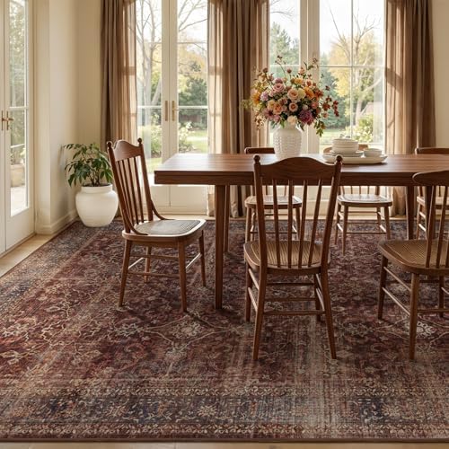 Brick Red Big Rug 10x12, Vintage Farmhouse Distressed Carpet Large Size 10x12 for Living Room Bedroom, Washable Non Slip Low Pile Thin Print Room Rug for Dining Room Family Room - Image 3