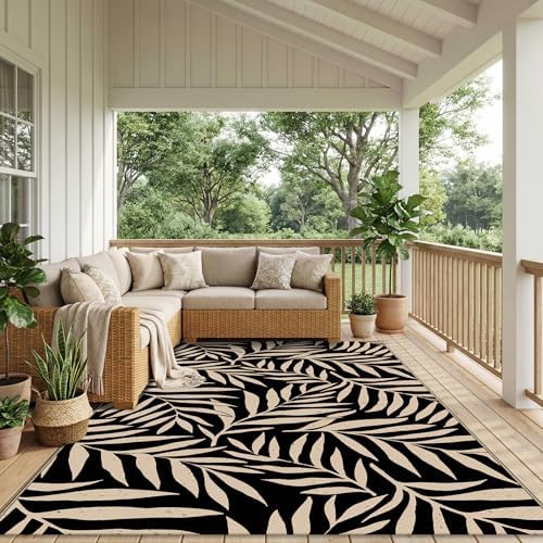 Smiry Outdoor Rug 5x8 ft Waterproof Reversible Leaf Mat, Black & Beige - Image 6