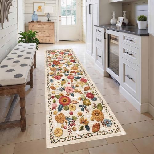 Washable 3x12 Runner Rug, Beige Boho Floral Non-Slip for Hallway, Kitchen by GERUIMO