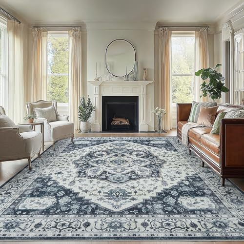 Amada Large 8x10 Washable Area Rug for Living Room, Navy/Blue,Vintage Style by AMADAHOMEFURNISHING