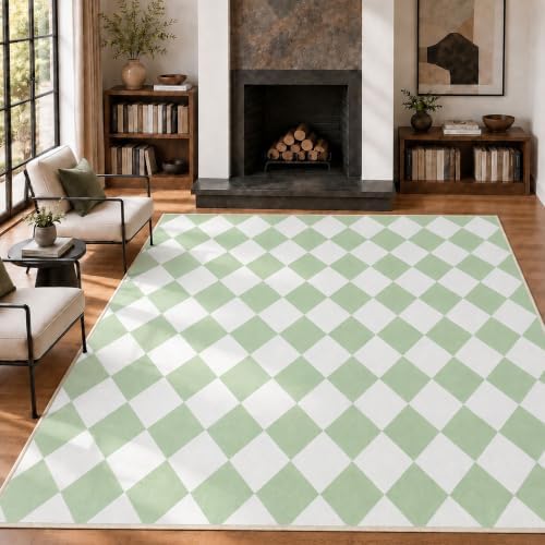 8x10 Checkered Area Rug for Living Room, Soft Low Pile Green Rugs by Unknown