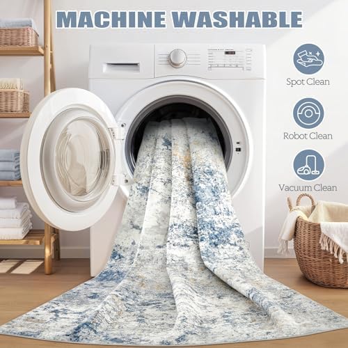 DMOYEST Area Rug Living Room Rugs - 4x6 Abstract Large Soft Indoor Washable Rug Neutral Modern Low Pile Carpet for Bedroom Dining Room Farmhouse Home Office - Blue - Image 6