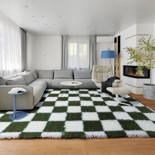 KICMOR Area Rug 5x7 for Living Room, Soft Fluffy Olive Green and White Checkered Shag Rugs Shaggy Fuzzy Carpet for Bedroom, Indoor Furry Plush Floor Rug for Kids Boys Girls Dorm Nursery Home Decor - Image 6