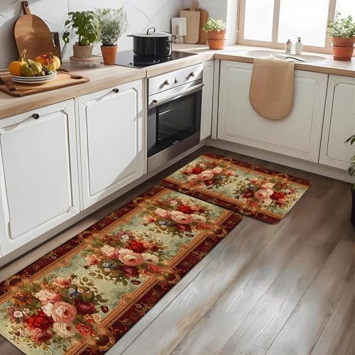Retro Farmhouse Spring Floral Kitchen Rugs Sets of 2 Non Slip Washable, Country Vintage Flower Summer Spring Floral Kitchen Mats for Floor 2 Piece Home Decor - Image 4