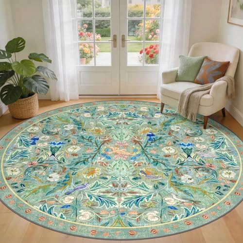 nesrt Boho Washable Round Bird Rug 8ft for Living Room, Soft Non-Slip Large Indoor Circle Rug, Low Pile Jungle Floral Decorative Nursery Carpet for Bedroom Dining Room Farmhouse Playroom (Green) by nesrt