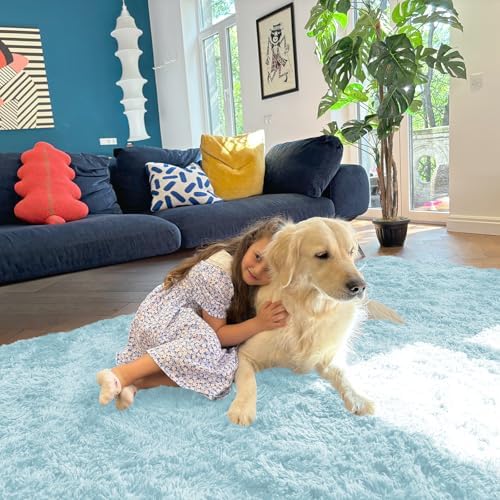 OLANLY 5x7 Machine Washable Large Area Rugs for Living Room, Bedroom, Soft Fluffy Shaggy Bedside Rug, Indoor Floor Carpet for Kids Girls and Boys, Dorms, Nursery, Home Decor Aesthetic, Light Bluey - Image 5