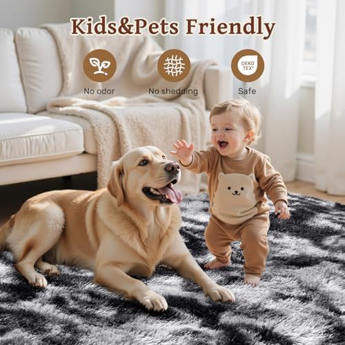 5x7 Ft Large Shag Rug for Living Room Bedroom,Tie-Dyed Ultra Soft Fluffy Furry Area Rug, Aesthetic Carpet for Indoor Floor Home Decor(Dark Grey) - Image 5