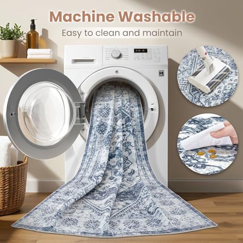 cotiled 8x10 Area Rug for Living Room, Washable, Traditional, Distressed Blue - Image 3