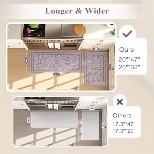 KIMODE Anti Fatigue Kitchen Mats,Purple Boho Floral Kitchen Rugs Sets of 2 - Image 2