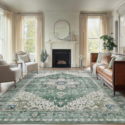 Amada Large 8x10 Washable Area Rug for Living Room, Dark/Green, Vintage by AMADAHOMEFURNISHING