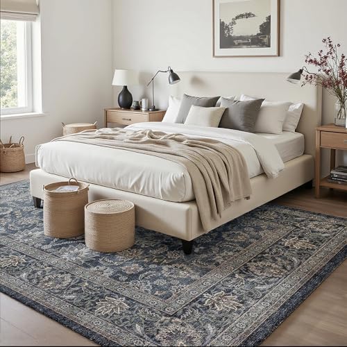 5x7 Grey Blue Washable Area Rug for Living Room, Vintage Print - Image 2