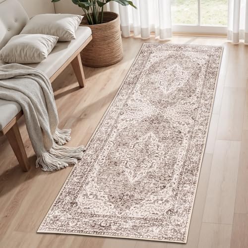 Lofus 2x6 Runner Rug for Hallways, Washable Kitchen Rugs, Non-Slip Rugs for Entryway and Bedroom, Vintage Boho Carpet, Soft Low Pile Long Runner Area Rug, Vintage Beige Brown by Lofus