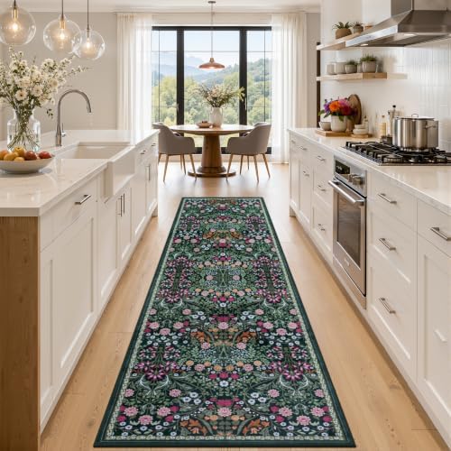 PLHXFR 2.6x10 Washable Runner Rug：Floral Indoor Kitchen Carpet Dark Green by PLHXFRSoftAreaRugs