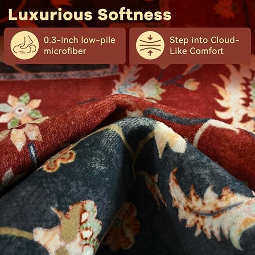 YJ.GWL Area Rugs for Living Room 6x9 Machine Washable Rugs, Non Slip Floral Vintage Rug Indoor Carpet, Stain Resistant Large Rug for Bedroom Dining Room, Red Green - Image 5