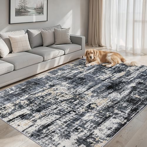 PLHXFR Area Rug Living Room: 5x7 Abstract Washable Carpet Black Gold by PLHXFRSoftAreaRugs