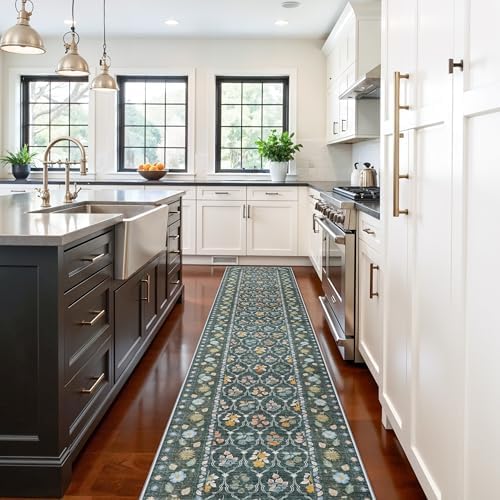 2.6x12 Kitchen Runner Rug Washable - Vintage Non Slip Hallway Rugs Low Pile Carpet for Bedroom Laundry Soft Indoor Floor Mat - Safe Durable Choice for Married Women with Kids & Pets 2’6x12 Green - Image 5