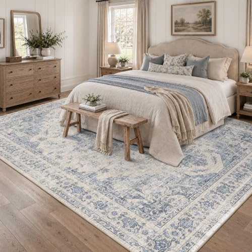Washable 8x10 Bedroom Area Rug Soft Medalion Retro Blue Large Carpet - Image 3