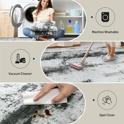 5x7 Area Rugs for Living Room: Washable Abstract Black White Grey Carpet - Image 4