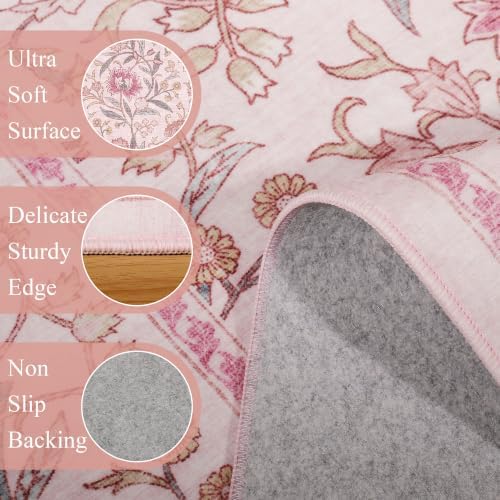 DUKINO 3x5 Rug, Washable Vintage Floral Bedroom Area Rug Non Slip, Pink - Image 6
