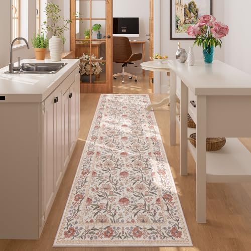 DUKINO 2x6 Runner Rug, Washable Vintage Floral Kitchen Rug, Beige Pink - Image 3