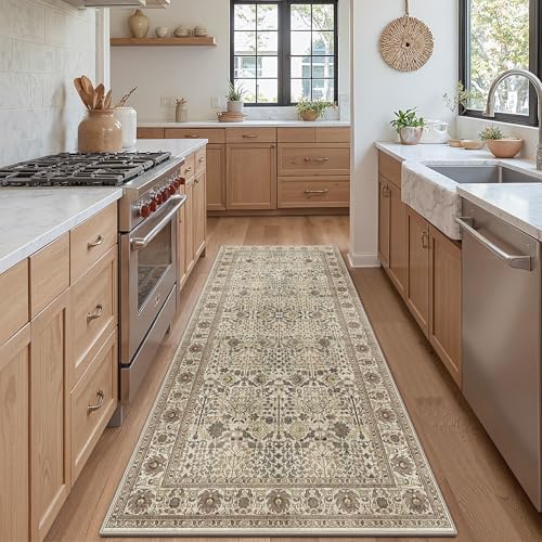 Bavni 2'6" x 8' Kitchen Runner Rug, Washable Non Slip, Cream Brown by BAVNI