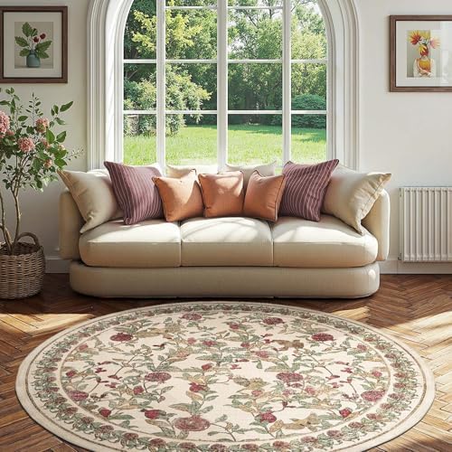 jinchan 8ft Round Rug Floral Vintage Washable Area Rug, Red/Green - Image 5