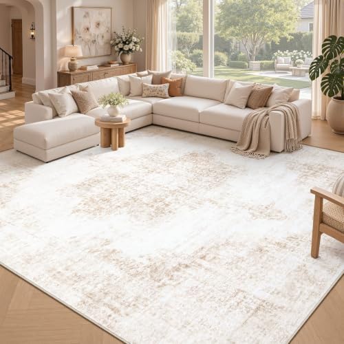 Area Rug 9x12 Vintage Rugs: Large Washable Living Room Rug Retro Medallion Distressed Soft Low Pile Non-Slip Rugs Indoor Floor Carpet for Bedroom Dining Table Office (Beige,9'x12') - Image 3