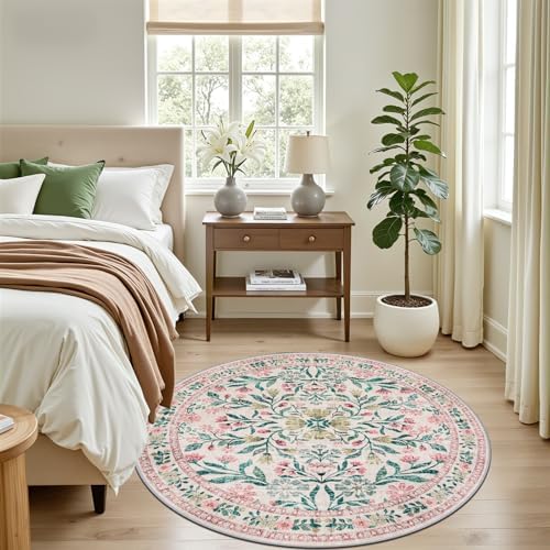 PLHXFR Round Area Rug Living Room: 4 ft Floral Washable Carpet Pink Green - Image 3
