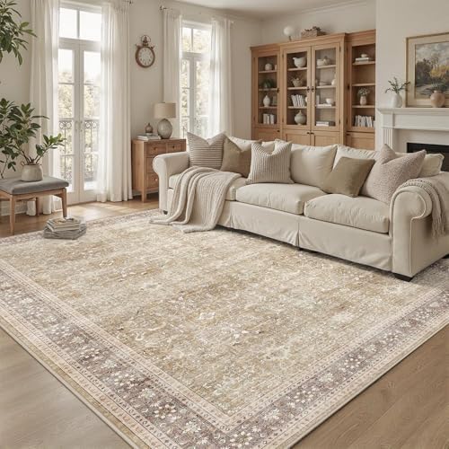 DCX Beige and Taupe 5x7 Rug, Kid & Pet Friendly with Rubber Back Non Slip, Machine Washable Stain Resistant Vintage Traditional Distressed Carpet, Rug for Living Room, Bedroom, Neutral Home Decor - Image 2