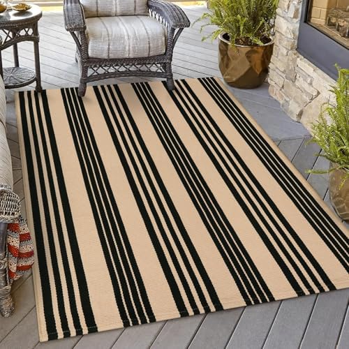 OJIA Outdoor Area Rugs 4'x6', Black and Tan Patio Rug Fall Porch Decor by OJIA