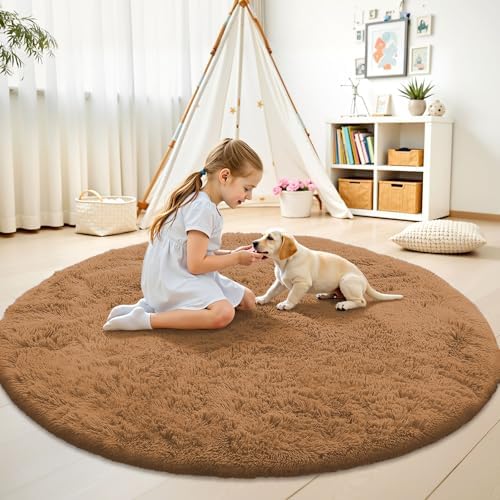 OLANLY Khaki Round Rugs for Bedroom - Machine Washable, 8 ft Circle Area Rugs for Living Room, Soft and Fluffy Shaggy Carpet for Teen Girl and Boys, Nursery Rooms, Dorms, Home Decor Aesthetic - Image 2