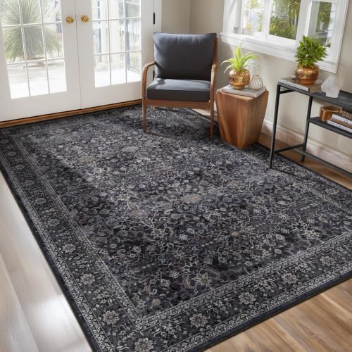 Dark Area Rug 6x9, Vintage Earth Tone Rugs for Living Room Bedroom, Washable Non Slip Low Pile Thin Carpet Rug for Dining Room Guest Room Home Office, Farmhouse Distressed Midnight by Jainmy