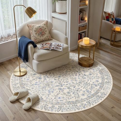 PureCozy 4ft Blue Floral Small Round Area Rug Vintage Farmhouse Style by PureCozy